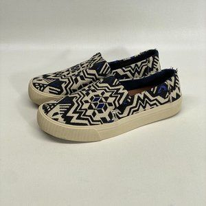 Toms Slip On Shoes Flats Women's Size W 5.5 Beige Black Blue Geometric Canvas.